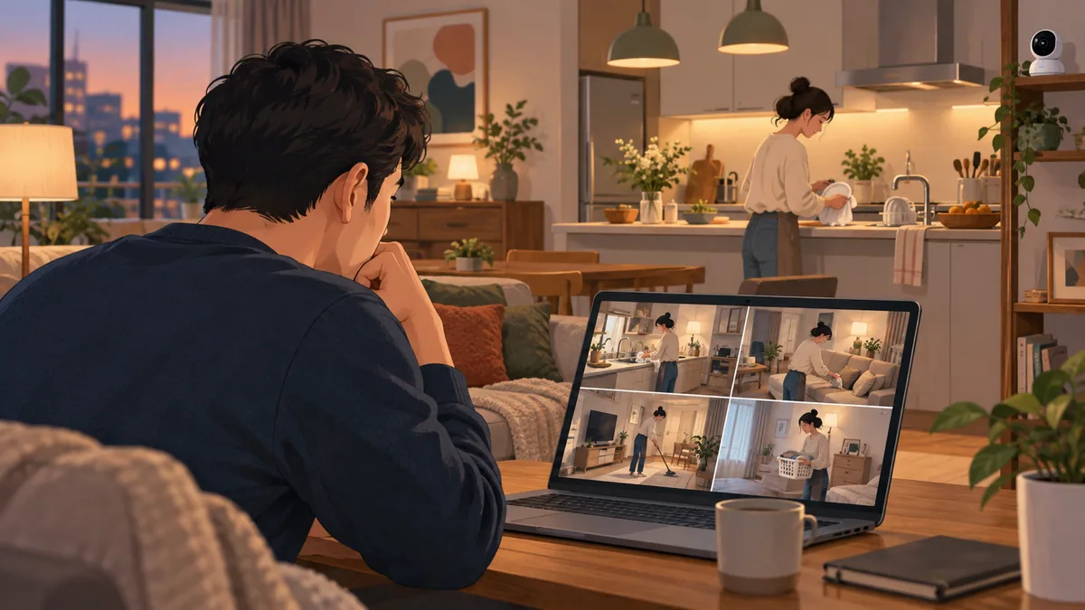 Editorial illustration of a man reviewing home-camera footage while his wife tidies the kitchen