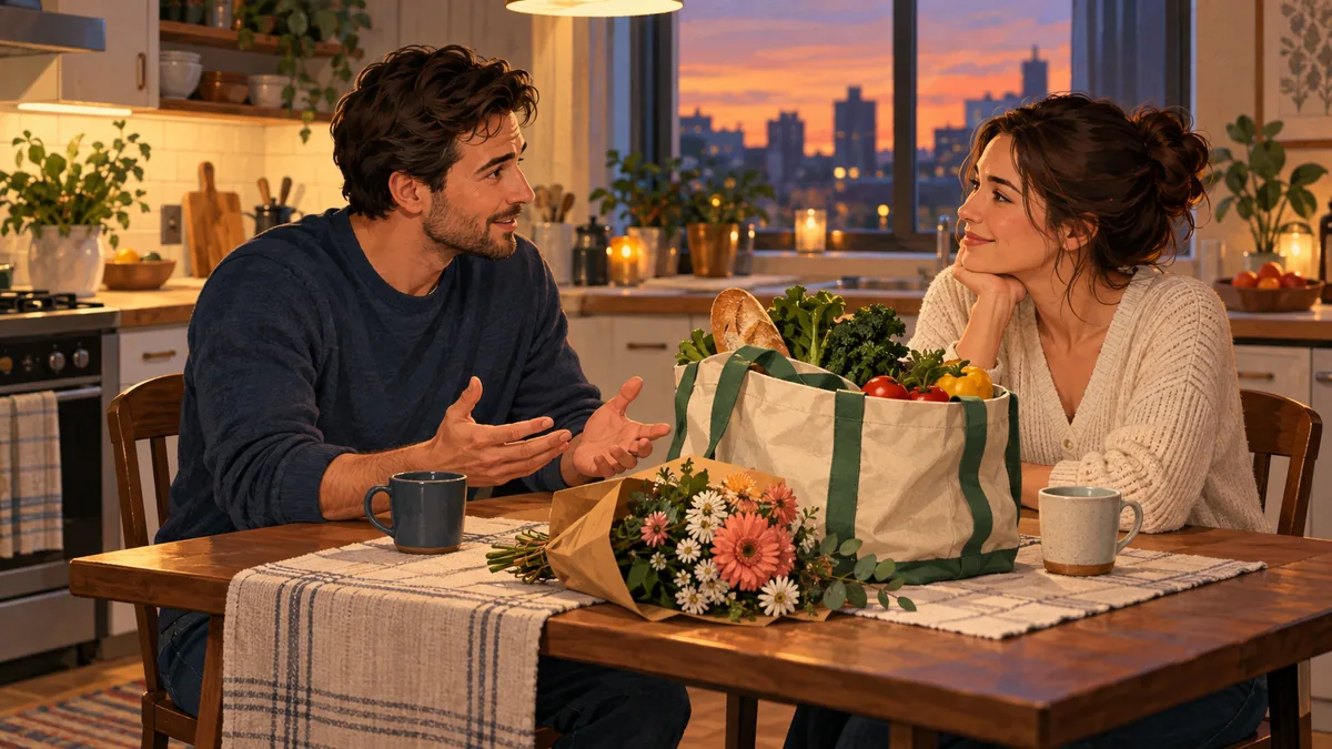Editorial illustration of a couple having a calm conversation beside groceries and flowers