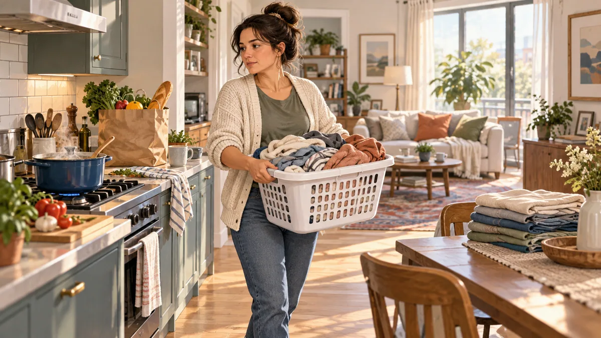 Editorial illustration of a woman carrying laundry in a busy but comfortable home